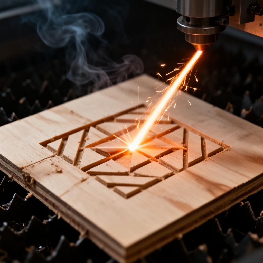 Laser cutter slicing through plywood